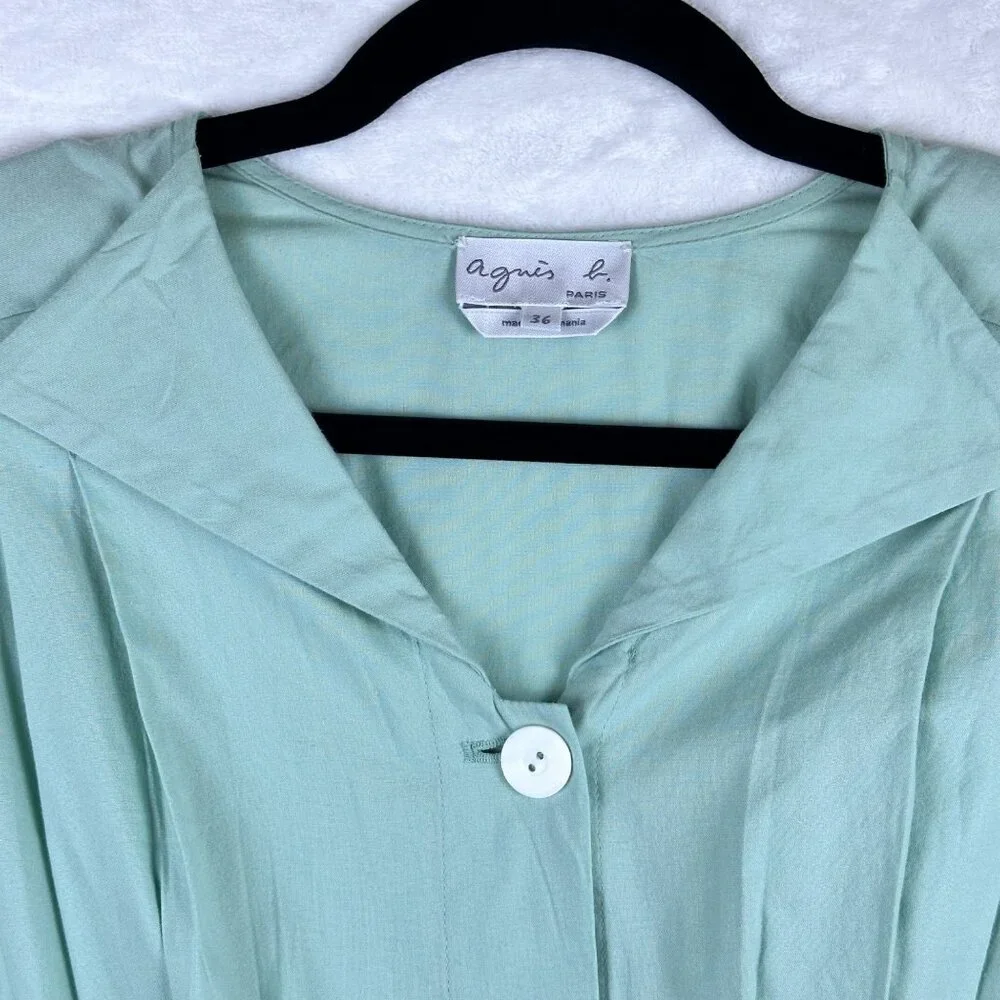 Vintage Agnès b. Paris Mint Green Button Front Belted Dress Sz 36/S Cottagecore - Picture 3 of 10